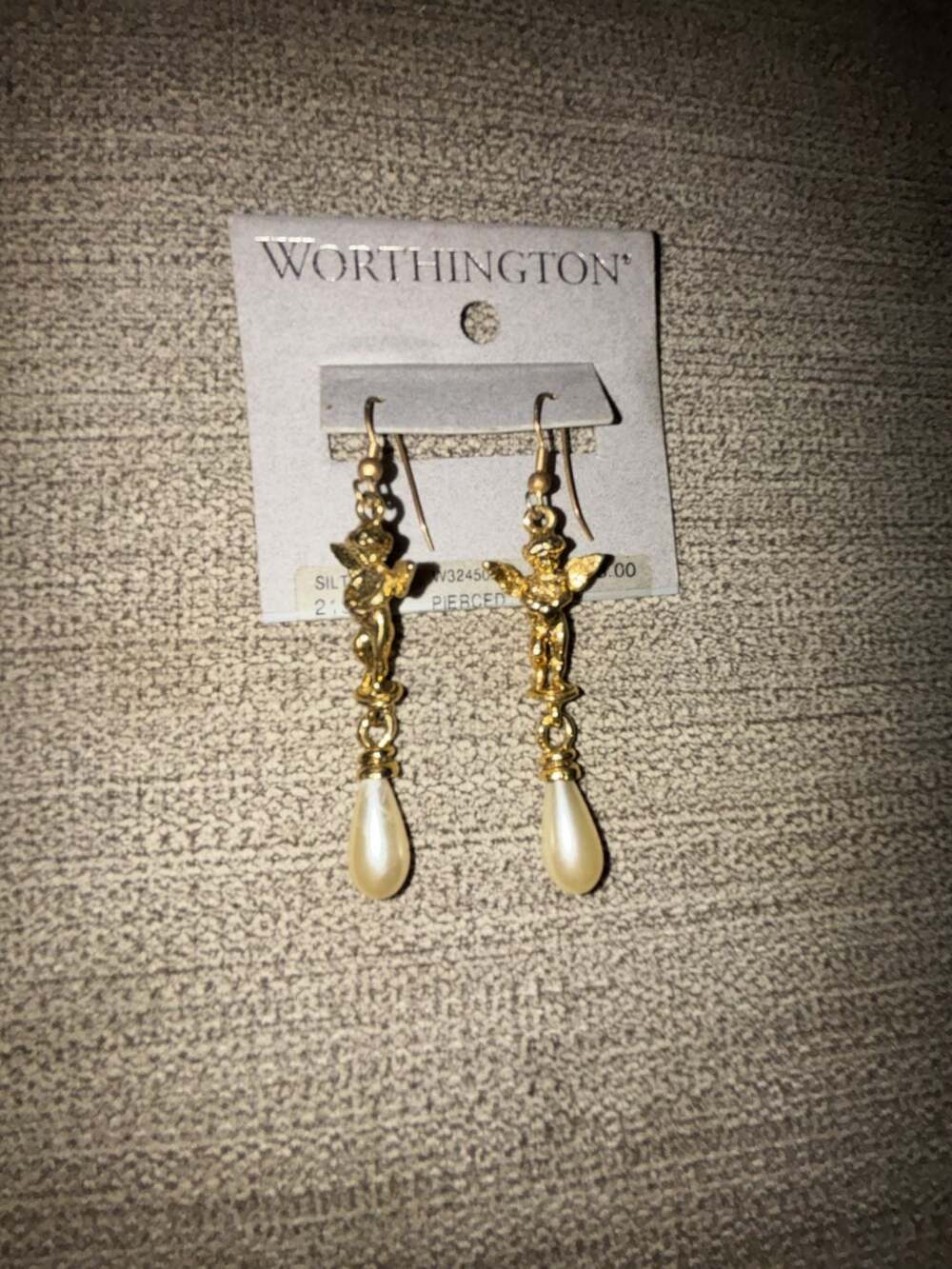 Worthington Gold Tone Cupid Angel Faux Pearl Drop Earrings